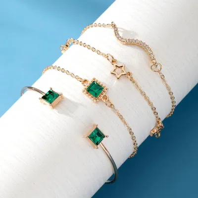 4 Pcs Green Stone Multilayer Vintage Bracelet Set 